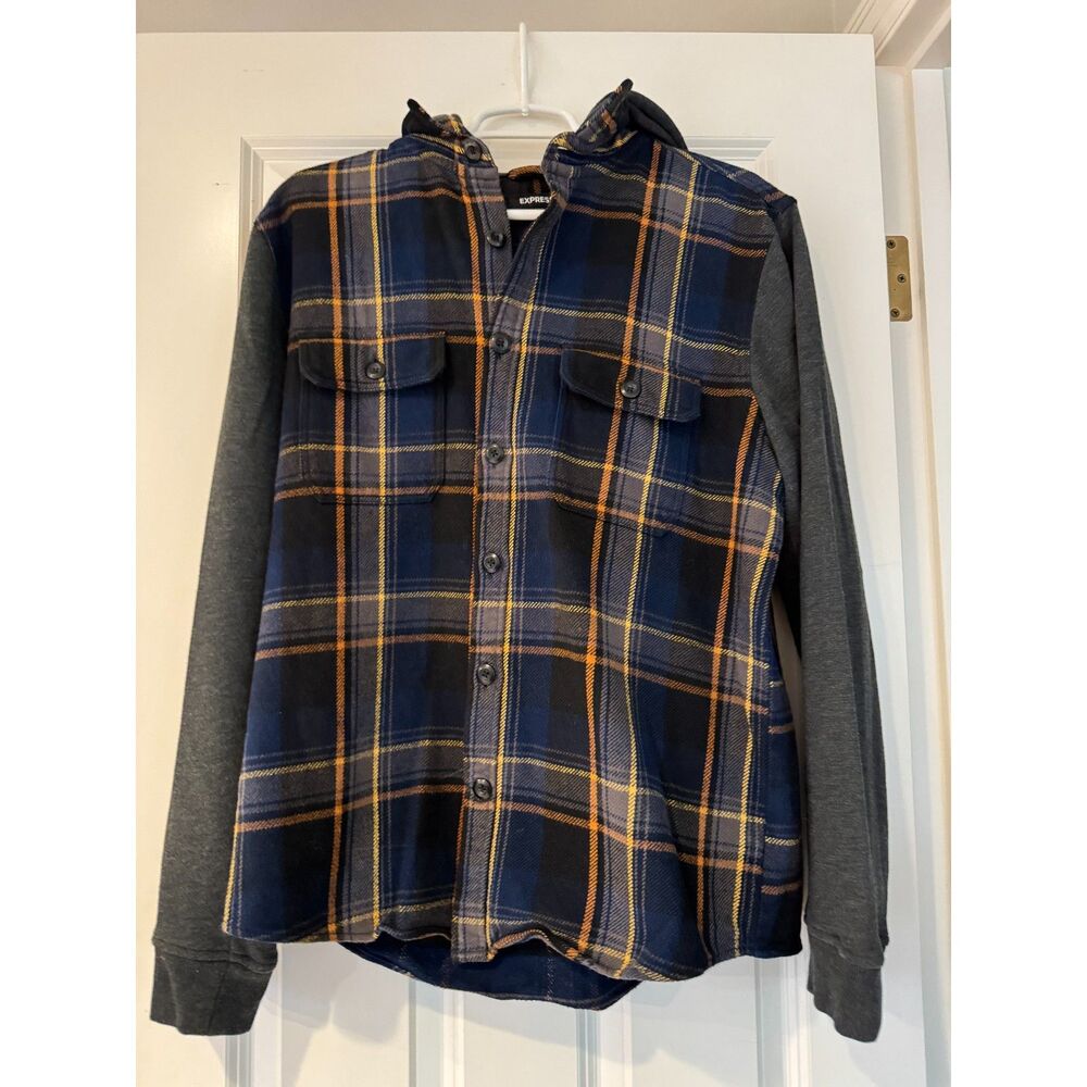 Men's EXPRESS Flannel Sweatshirt Top Hoodie Plaid Size Large